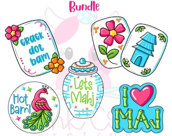 May include: A Mahjong Attachment Bundle featuring five colorful illustrations: a rectangular tile with text "crack dot bam" and flowers, two tiles with a pink flower and blue pagoda, a round tile with a peacock and "Hot Bam!" text, a jar with "Lets Mahj" text, and a blue shape with "I heart MAJ" text.