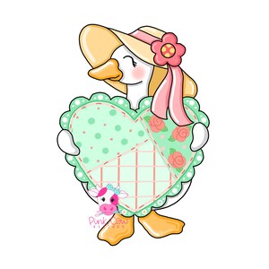 May include: A cartoon goose wearing a straw hat with a pink flower and ribbon, holding a heart-shaped quilt. The quilt is light green with polka dots and rose patterns. The goose has a yellow beak and feet, and the image has a white background.