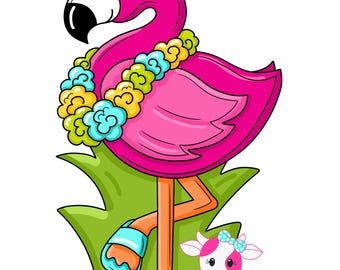 May include: A bright pink flamingo illustration wearing a blue flower hair accessory, a yellow and blue floral lei, and light blue sandals. The flamingo stands in front of green grass, with a small cow head icon and the text Pink Cow DESIGNS.