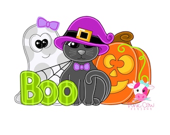 May include: A graphic illustration featuring a white ghost with a purple bow, a black cat wearing a purple witch hat and bow tie, and an orange jack-o'-lantern. The word Boo is written in large green letters. The text Pink Cow Designs is visible.