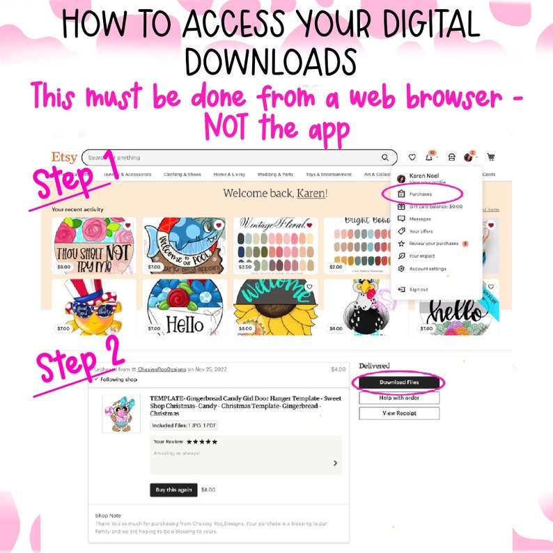 Pode incluir: Captura de tela do Etsy mostrando como acessar downloads digitais. A imagem destaca a se&ccedil;&atilde;o 'Compras' e o bot&atilde;o 'Baixar arquivos'. O texto na imagem diz 'HOW TO ACCESS YOUR DIGITAL DOWNLOADS'. Instru&ccedil;&otilde;es em etapas.