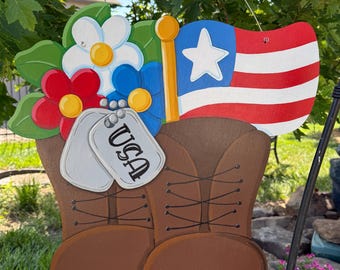 Patriotic Door Hanger - USA Boots Door Hanger - Red White Blue Floral Door Decor - Military Family Porch Sign