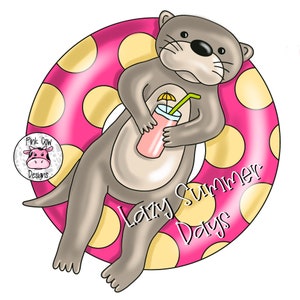 Könnte beinhalten: Ein Cartoon-Otter, der einen rosa-gelb gepunkteten aufblasbaren Ring trägt, hält ein rosa Getränk mit einem Strohhalm und einem kleinen Schirm. Der Text "Lazy Summer Days" steht auf dem Ring.