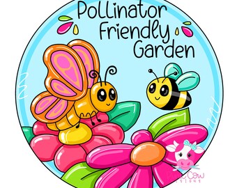 May include: A circular sticker design featuring a cartoon butterfly and a bee on bright pink flowers against a light blue background. The text Pollinator Friendly Garden is printed in black. A small cow logo is visible in the bottom right corner.