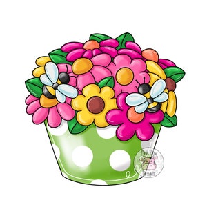 May include: A green polka dot flower pot with a bouquet of pink, yellow and orange flowers. Two cartoon bees are perched on the flowers.