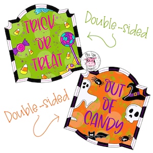Door Hanger TEMPLATE: Halloween Double | Sided | Reversible Door Hanger Template | Trick or Treat-Out of Candy-Digital Download