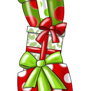 May include: A stack of three Christmas presents wrapped in red, green, and white patterned paper with green and red bows. The bottom present has white polka dots on a red background. The middle present has a white and green leopard print pattern. The top present has green polka dots on a white background with red circles. The presents are stacked on top of each other and are ready to be given as gifts.