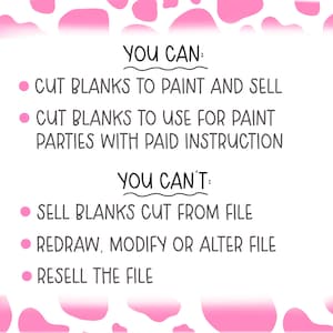 Pode incluir: Um fundo branco com manchas rosa e texto preto. O texto diz: "VOC&Ecirc; PODE: CORTAR BRANCOS PARA PINTAR E VENDER, CORTAR BRANCOS PARA USAR EM FESTAS DE PINTURA COM INSTRU&Ccedil;&Atilde;O PAGA. VOC&Ecirc; N&Atilde;O PODE: VENDER BRANCOS CORTADOS DO ARQUIVO, REDESENHAR, MODIFICAR OU ALTERAR O ARQUIVO, REVENDER O ARQUIVO."