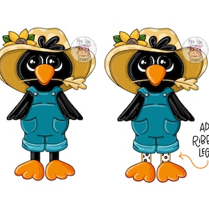 May include: A cartoon crow wearing a straw hat with a sunflower on top and blue overalls. The crow is holding a small twig in its beak. The crow is standing on two legs. The text "ADD RIBBON LEGS!" is written in the bottom right corner of the image.