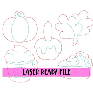 May include: A set of five laser-cut SVG files featuring fall-themed designs: a pumpkin, an apple, a cup of hot cocoa, a slice of pie, and a turkey. The designs are outlined in red and teal.