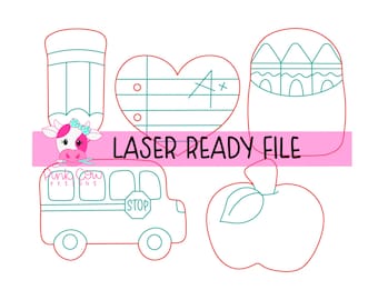 May include: A digital design file featuring line art of a pencil, a heart-shaped piece of lined paper with an A+ grade, a backpack, a school bus with a stop sign, and an apple. The text LASER READY FILE is centered over the graphics.