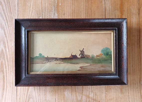 Vintage antique glazed painting, rural scene, oak and gilt frame, early twentieth century, original artwork