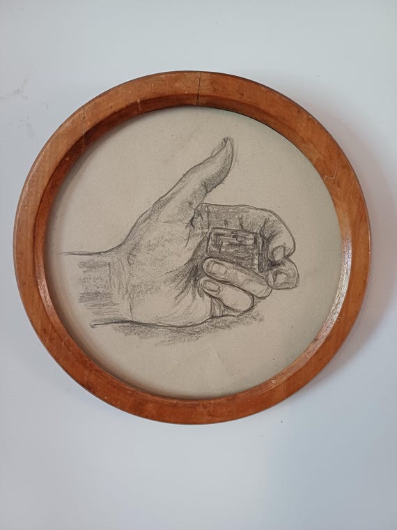 Pencil drawing in unusual round wooden vintage frame