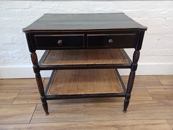 Vintage ebonised and rattan side table