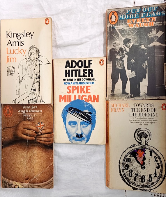 Vintage humorous Penguin books, mid-century collection of 5 novels