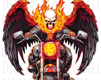Teschio da motociclista fuorilegge alato, fiammeggiante, download immediato di grafica digitale, stampa DTG/sublimazione, design per maglietta, file clipart PNG