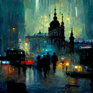 Big City Rainy Night - Printable Poster, Instant Download Digital Artwork
