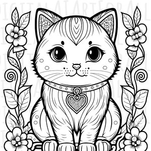 Chibi Cat Coloring Book Page/Poster | Instant Download Digital Graphics, Sublimation Printing, Book Art, T-Shirt Design, PNG File