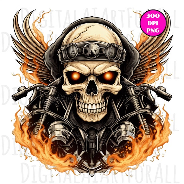 Outlaw Biker Skull, Flaming Wings, Instant Download, Digital Graphics, DTG/Sublimation Printing, T-Shirt Design, Clipart PNG File