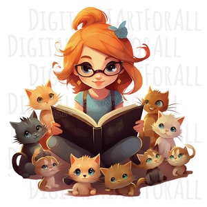 Watercolor Cartoon of Red-Haired Girl Reading to Kittens PNG | Instant Download, Digital Graphics, DTG/Sublimation Printing, T-Shirt Design