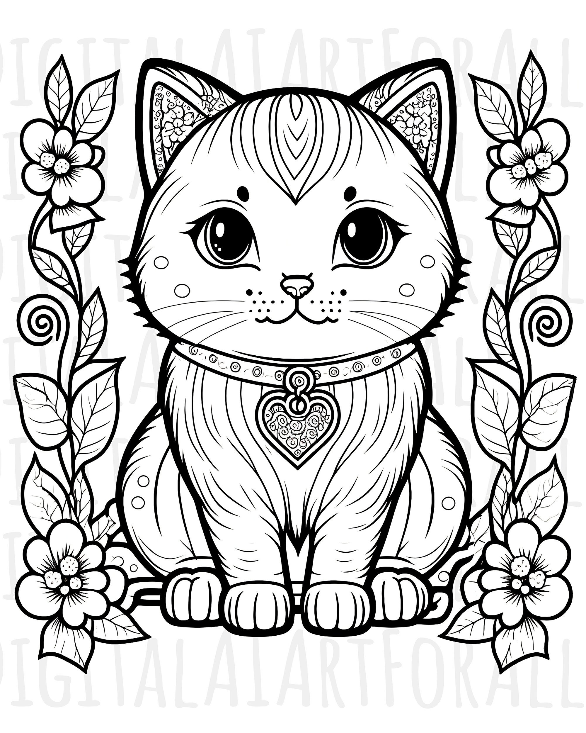 Chibi Cat Coloring Book Page/poster | Instant Download Digital Graphics