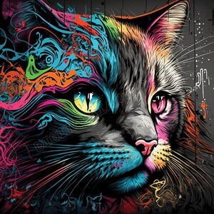 Randig kattgraffitiväggkonst - utskrivbar affisch, omedelbar nedladdning av digitalt konstverk, kommersiellt bruk, datorbakgrund
