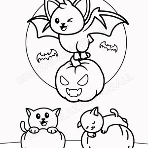 Digital Download | Cute Bat Stealing a Pumpkin from the Kitten Yard |  Instant Download Printable Art | Coloring Page