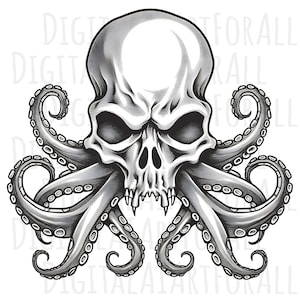 Octopus Skull with Tentacles, Instant Download, Digital Graphics, DTG/Sublimation Printing, T-Shirt Design, Clipart PNG File