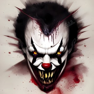 May include: A close-up of a scary clown face with a wide, toothy grin. The clown has white face paint with red accents, black hair, and yellow eyes. Blood splatters are visible on the face and background.