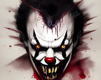 Può includere: Un primo piano di un viso di clown spaventoso con un ampio sorriso pieno di denti. Il clown ha il viso dipinto di bianco con accenti rossi, capelli neri e occhi gialli. Schizzi di sangue sono visibili sul viso e sullo sfondo.
