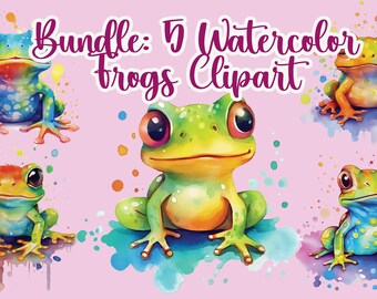 Bundle: 5 Watercolor Frogs Clipart | Instant Download, Nature Digital Art Graphics, Sublimation Printing, PNG Format, Commercial Use