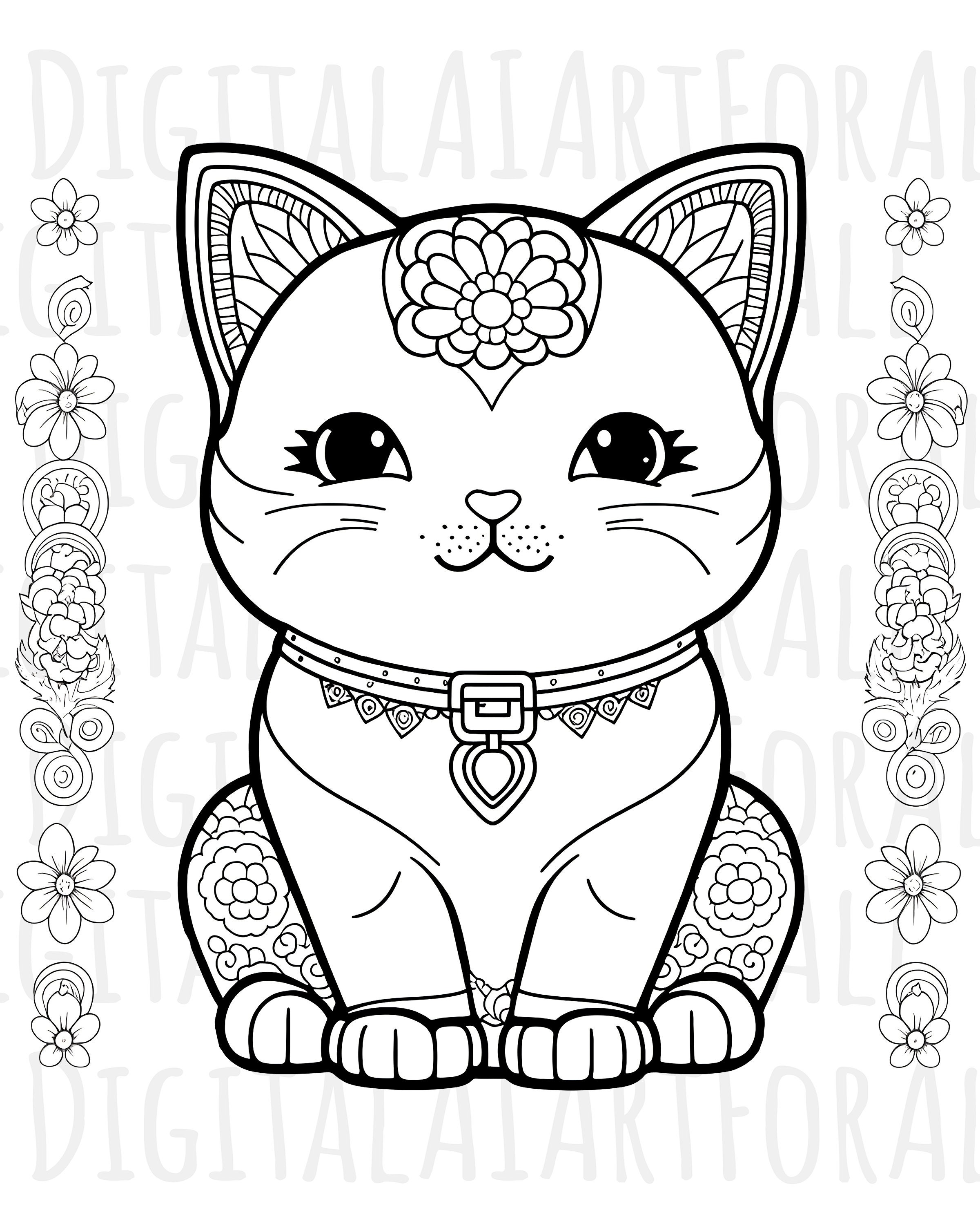 Chibi Cat Coloring Book Page/poster | Instant Download Digital Graphics