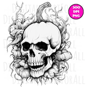 Black and White Creepy Skull in a Pumpkin Patch, Instant Download Digital Graphics, DTG/Sublimation, T-Shirt Design, Clipart PNG File