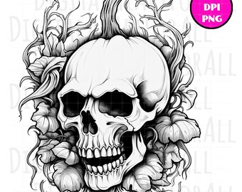 Black and White Creepy Skull in a Pumpkin Patch, Instant Download Digital Graphics, DTG/Sublimation, T-Shirt Design, Clipart PNG File