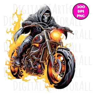 Calavera de la Parca sobre una motocicleta en llamas, gráficos digitales de descarga instantánea, impresión DTG/sublimación, diseño de camisetas, archivo PNG prediseñado
