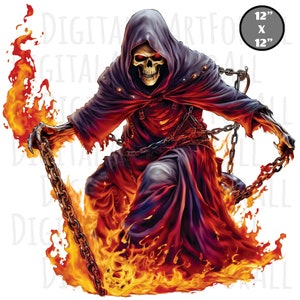 Crâne de faucheuse enchaîné dans les flammes, téléchargement immédiat, graphiques numériques, impression DTG/sublimation, conception de T-Shirt, fichier PNG Clipart