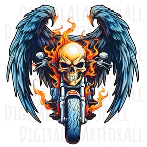 Flaming Winged Biker Skull on Motorcycle, Instant Download, Digital Graphics, DTG/Sublimation Printing, T-Shirt Design, Clipart PNG File