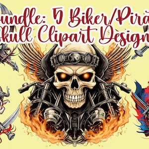 Bundle: 5 Biker Skull, Pirate Skull Designs  | Instant Download, Digital Graphics, DTG/Sublimation Printing, T-Shirt Design, Clipart PNG