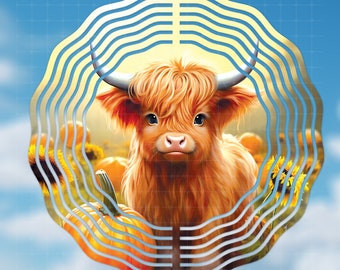 Baby Highland Cow Wind Spinner PNG 10 in, Colorful Sublimation Design Instant Download, Calf Windspinner Sublimation Template DIY Crafts