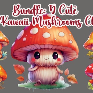 Bundle: 5 Aquarell Chibi/Kawaii Pilze Clipart | Sofortiger Download Natur Digital Art Grafik, Sublimationsdruck, PNG kommerzielle Nutzung