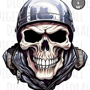 Biker Skull in Helmet and Leather, Instant Download, Digital Graphics, DTG/Sublimation Printing, T-Shirt Design, Clipart PNG File