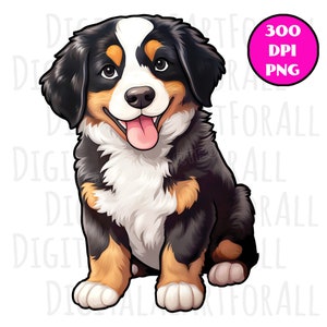 Smiling Bernese Mountain Dog Puppy Cartoon, Instant Download, Digital Graphics, Sublimation Printing, TShirt Design PNG File, Commercial Use