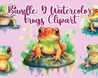 Bundle: 5 Watercolor Frogs Clipart | Instant Download, Nature Digital Art Graphics, Sublimation Printing, PNG Format, Commercial Use