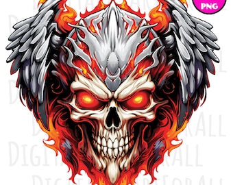 Teschio da motociclista fiammeggiante, teschio umano, alato, download immediato, grafica digitale, stampa DTG/sublimazione, design per maglietta, file clipart PNG
