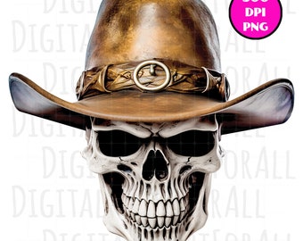 Cowboy Skull in Leather Cowboy Hat, Instant Download, Digital Graphics, DTG/Sublimation Printing, T-Shirt Design, Clipart PNG File