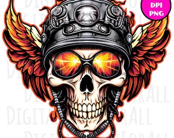 Teschio da motociclista, teschio umano, alato, fiammeggiante, download immediato, grafica digitale, stampa DTG/sublimazione, design per magliette, file clipart PNG