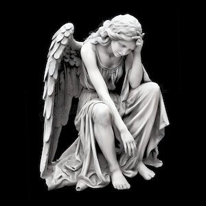 May include: A white marble statue of an angel with wings, sitting with her head in her hand, looking down in sadness.
