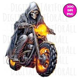 Calavera de la Parca sobre una motocicleta en llamas, gráficos digitales de descarga instantánea, impresión DTG/sublimación, diseño de camisetas, archivo PNG prediseñado