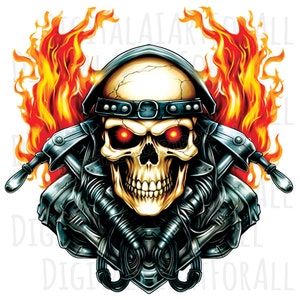 Biker Skull, Human Skull, Flaming, Instant Download, Digital Graphics, DTG/Sublimation Printing, T-Shirt Design, Clipart PNG File