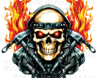 Teschio da motociclista, teschio umano, fiammeggiante, download istantaneo, grafica digitale, stampa DTG/sublimazione, design per magliette, file clipart PNG